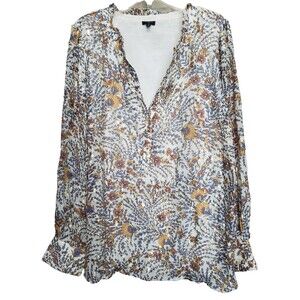 Talbots Plus Lush Floral Clip Dot Ruffle Henley Neck Lined Tunic Size 3X